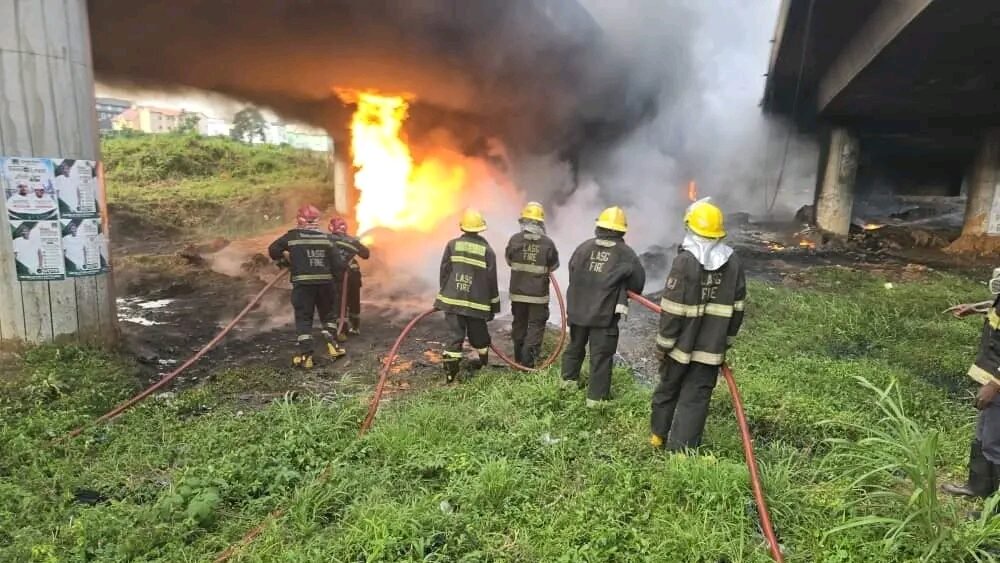 Two casualties as tanker catches fire under Otedola Bridge in Lagos
