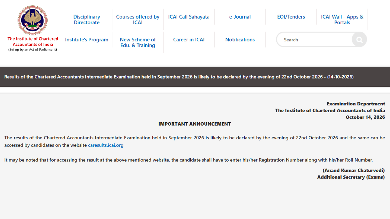 ICAI CA Intermediate September 2026 Result Date and Time Announced; Scorecards Likely on October 22