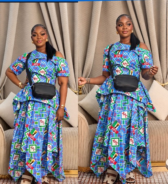 Nollywood Actress Eniola Badmus Arrives in Kaduna for APC Campaign Launch in Party Attire (Photos)