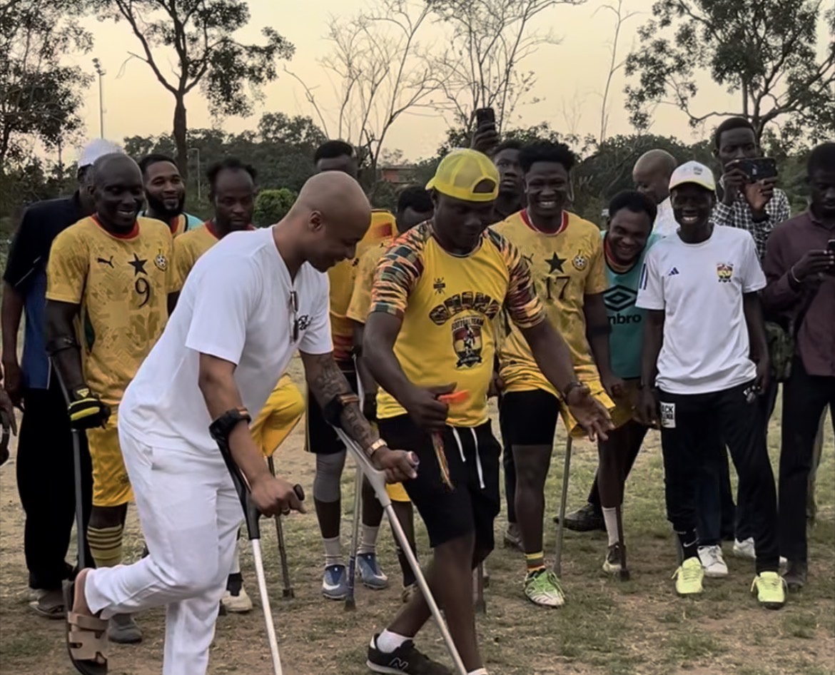Former Black Stars Captain, Ayew Takes A Penalty With Ghana’s Amputee Football Team Using Crutches