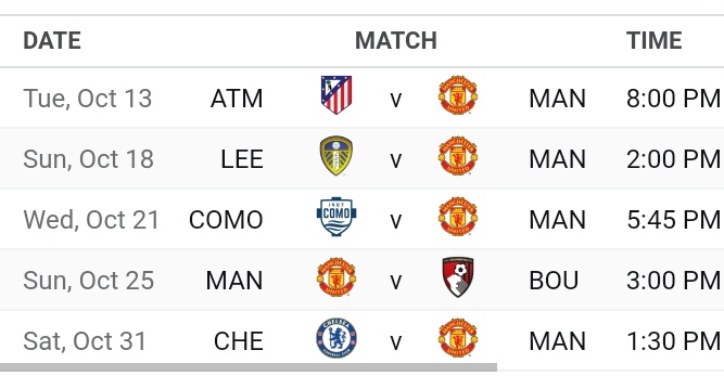 Manchester United Next Five Fixtures In All Competitions