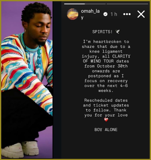 Singer Omah Lay Postpones Tour After He Suffered Knee Injury.
