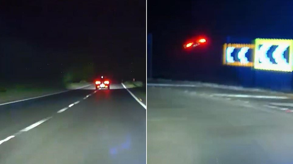 Moment thug driving stolen car hits the kerb and flies into the air