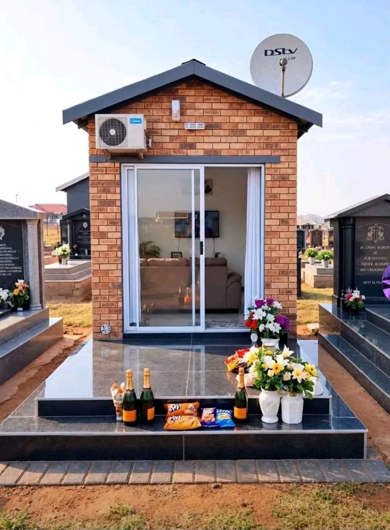 Unexpected: Tombstone With a TV, Couch and Snacks Leaves Mourners Stunned, See Inside