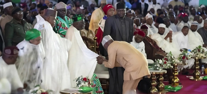 Wike Bows Down to Greet President Tinubu, Oluremi, VP Shettima at APC PCC Inauguration [Photos]