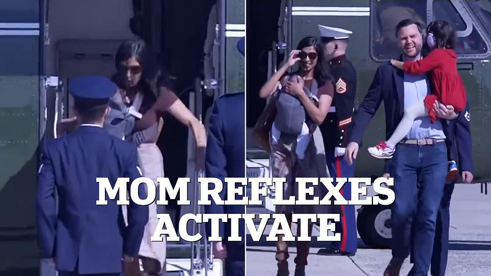 Usha Vance catches herself after nearly falling down with newborn