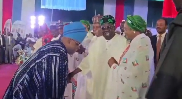 Gov. Adeleke Bows Before President Tinubu, Oluremi and VP Shettima at APC PCC Inauguration [Photos]