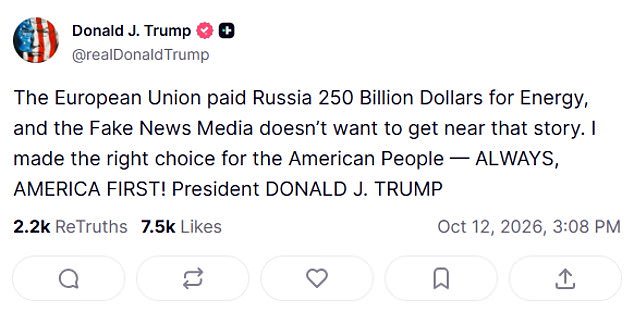 Trump lashes out at fury over Putin diesel deal and says ‘the EU paid Russia $250 billion for energy