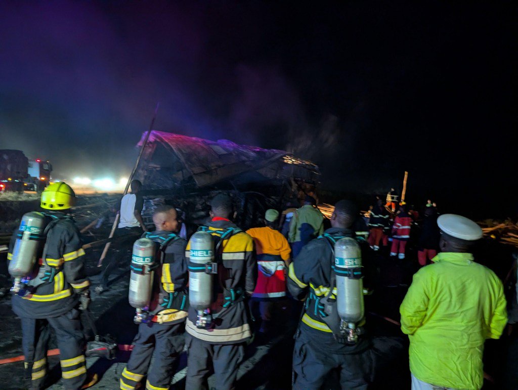 At least 28 people killed in horror head-on crash as passenger bus bursts into flames after smashing into truck