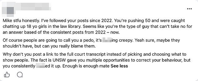 Mature-aged UNSW student accused of chatting up ‘barely legal’ girls scores catastrophic own-goal after suing over 2am Facebook post and sending desperate emails to keep his name secret