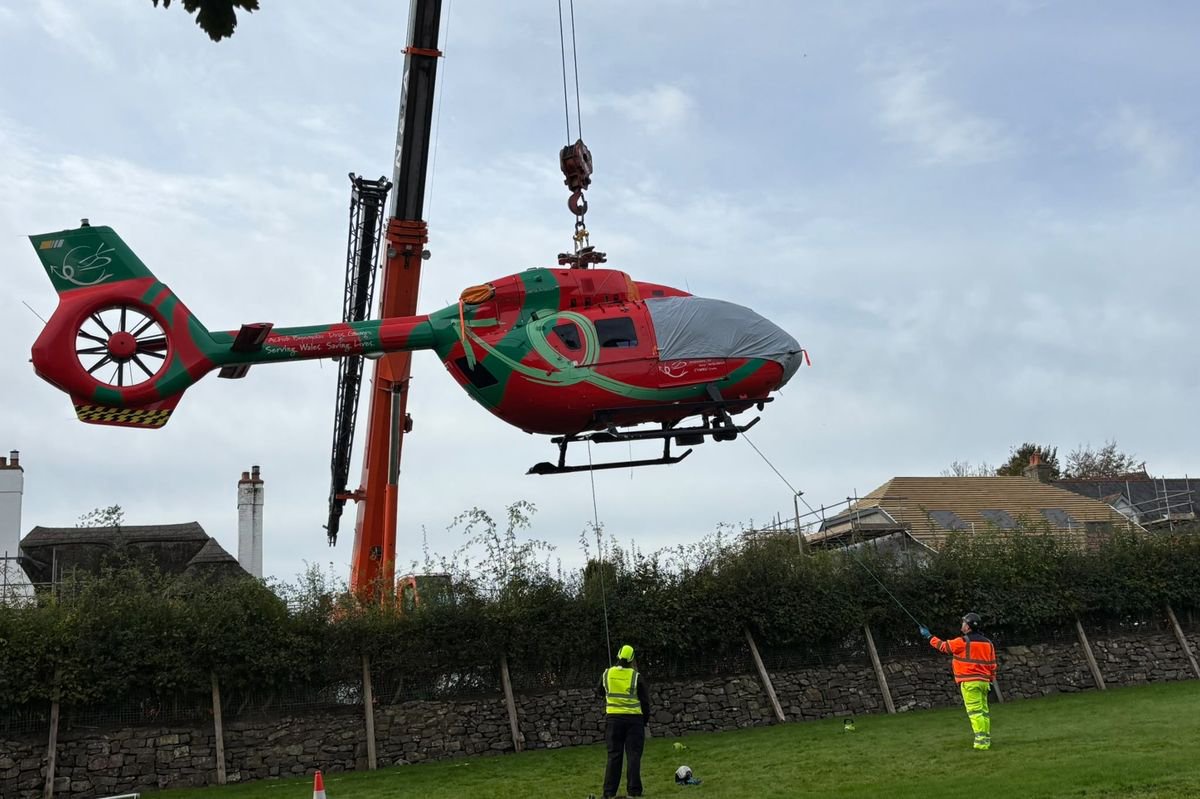 Air ambulance helicopter stuck in field for days after hitting football goal while landing