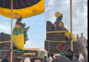 Ghana’s youngest Queen Mother, Nana Afua Kumiwaa Asare I, borne shoulder-high at Awukugua Ohum Fest