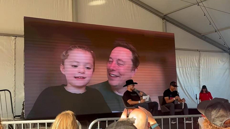 Moment Elon Musk is joined by daughter Azure, 4, on livestream event