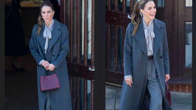Kate Middleton’s latest autumn look has it all: A chic charcoal coat, bow blouse and a new Smythson bag