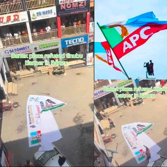 Moment Abuja Traders Rejected Installation Of Tinubu, APC Banner at Banex Market Plaza