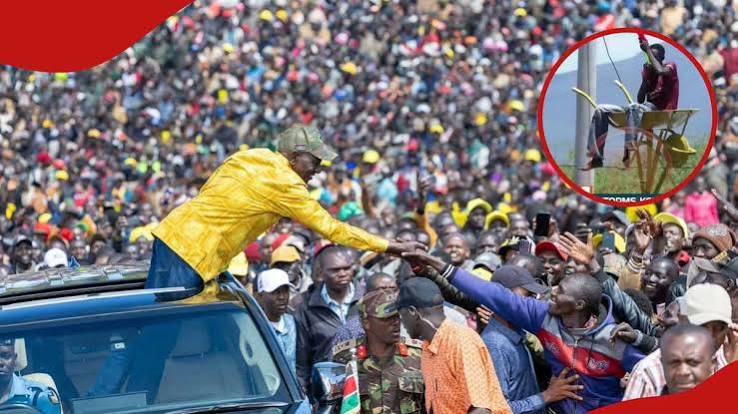 UDA Supporter Cheering Ruto from Wheelbarrow Mounted on Pole Falls Off: “Salaale”