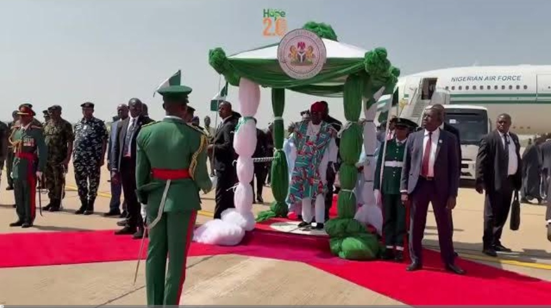 KADUNA COMES ALIVE: Tinubu Arrives for Official Flag-Off of 2027 Presidential Campaign.
