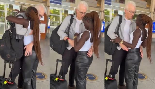 Young Lady Spotted Pampering Her Elderly Mzungu Lover at JKIA as She Bids Him Goodbye