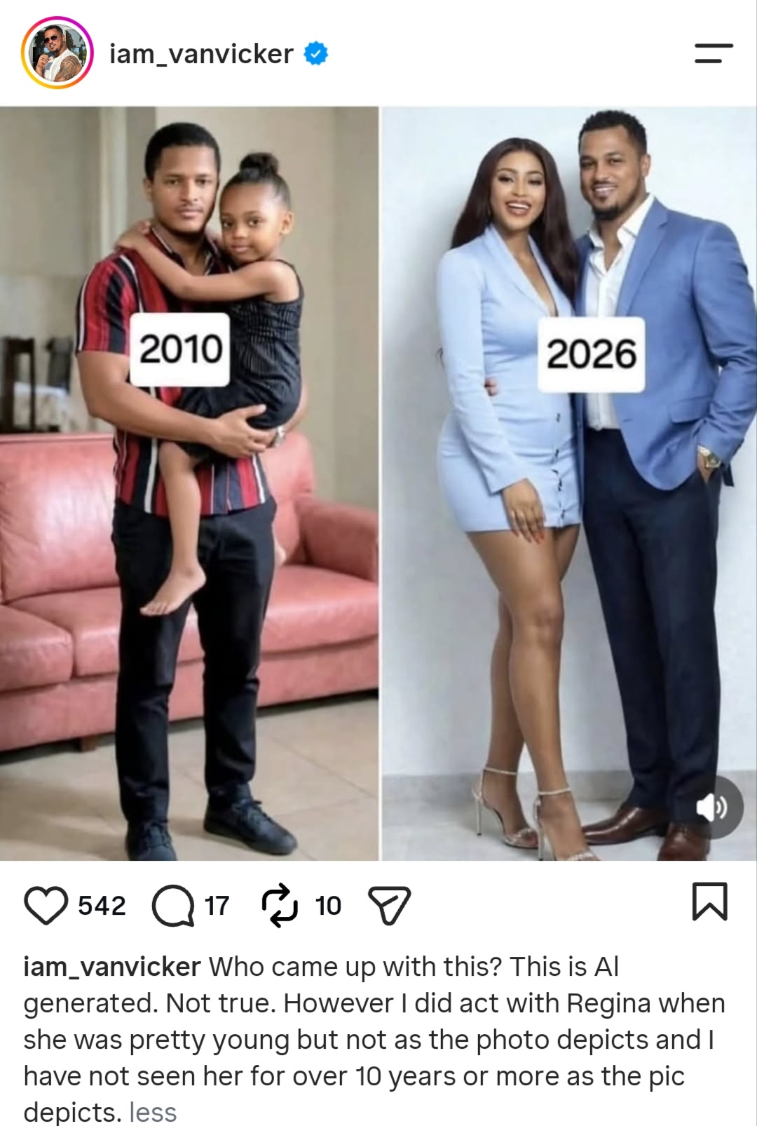 Van Vicker Reacts To AI Photos With Regina Daniels, Reveals He Has Not Seen Her In Over 10 Years