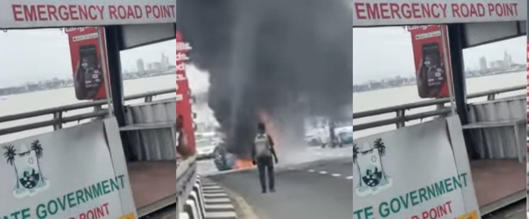 Nigerian Man Calls Out Lagos Government As Car Catches Fire On Third Mainland Bridge Near Emergency Unit