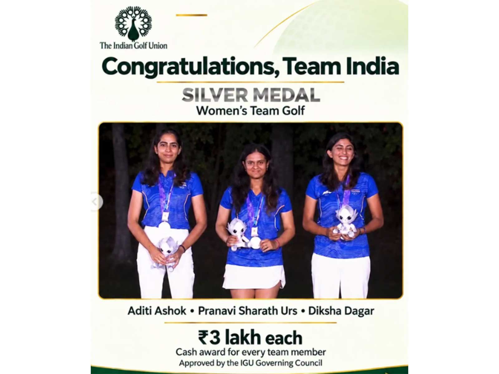 IGU announces cash awards for Asian Games golf medallists; Pranavi Urs to receive Rs 10 Lakh for historic gold