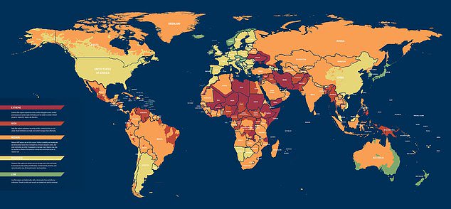 Global risk map reveals countries deemed ‘extremely’ dangerous including Iran, Yemen and Sudan with Switzerland and Norway among the safest