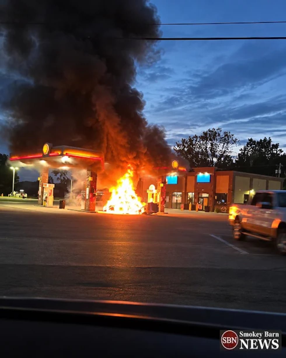 Car crashes into two cars, gas pump before catching fire at Midstate gas station