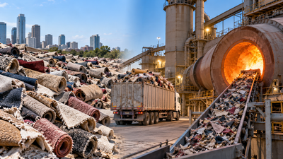 About 5 billion lbs of carpet are removed from US buildings each year; a cement kiln test found it worked as fuel, but transport costs were too high
