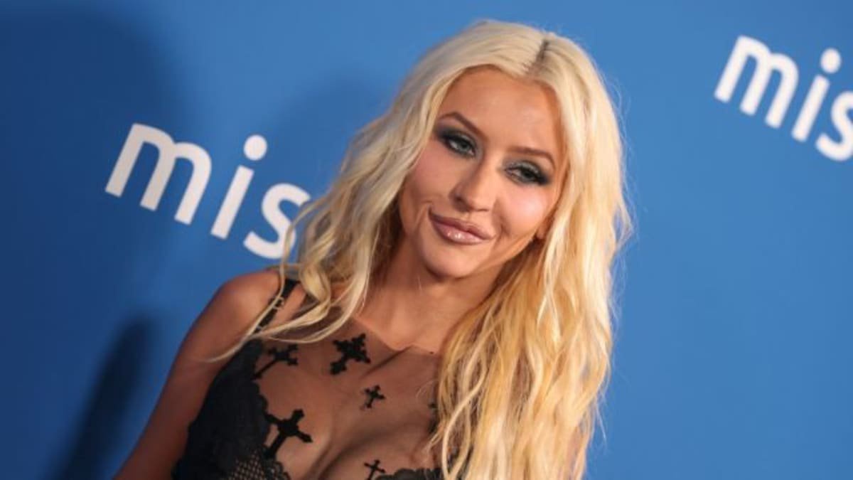Christina Aguilera Styles Sheer Micro Minidress With Thigh-High Louboutins