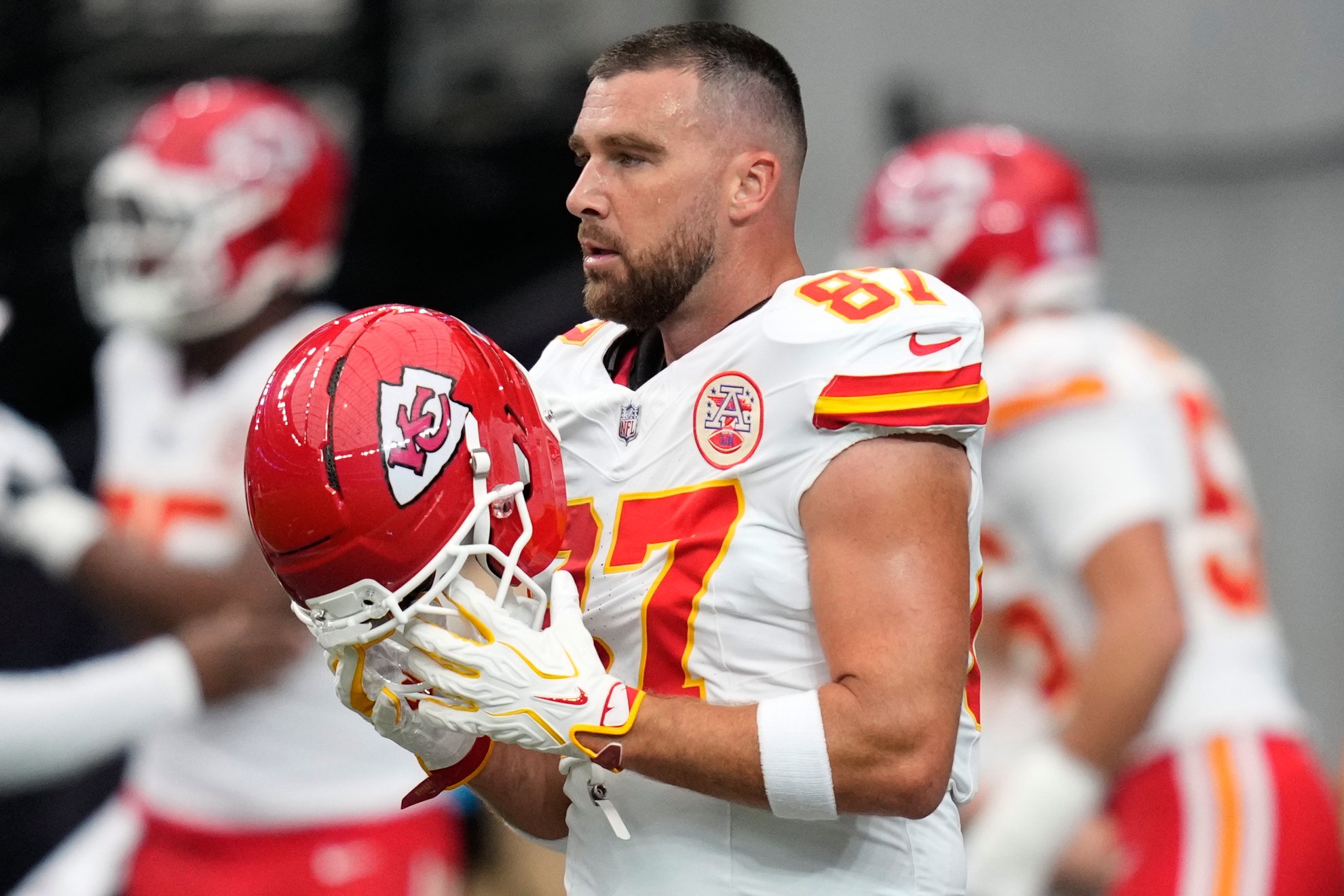 Travis Kelce has a blast with the boys, and without Taylor Swift, at the Cleveland Guardians ALCS-clinching game