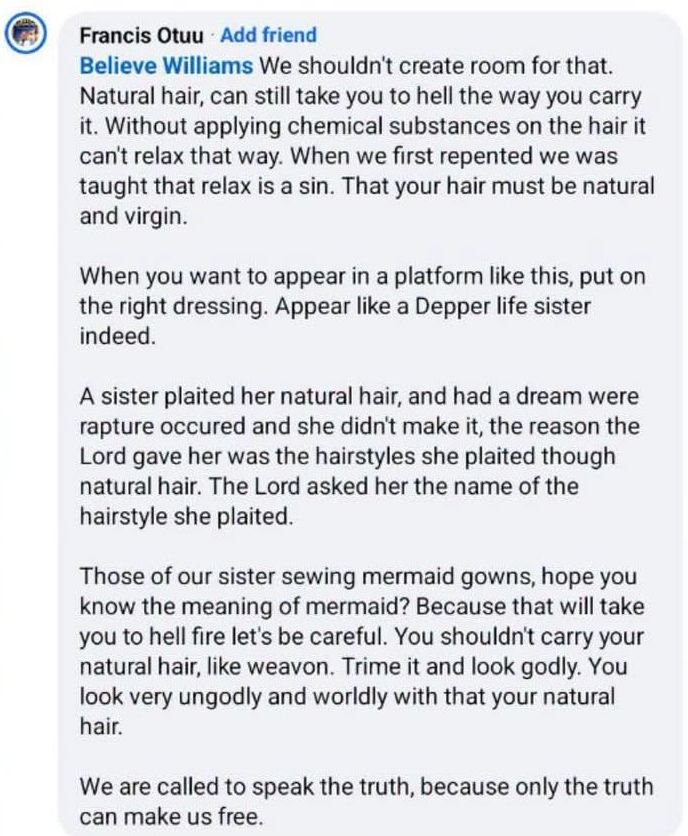 Natural hair can still take you to hell if it looks worldly and ungodly – Deeper Life member says