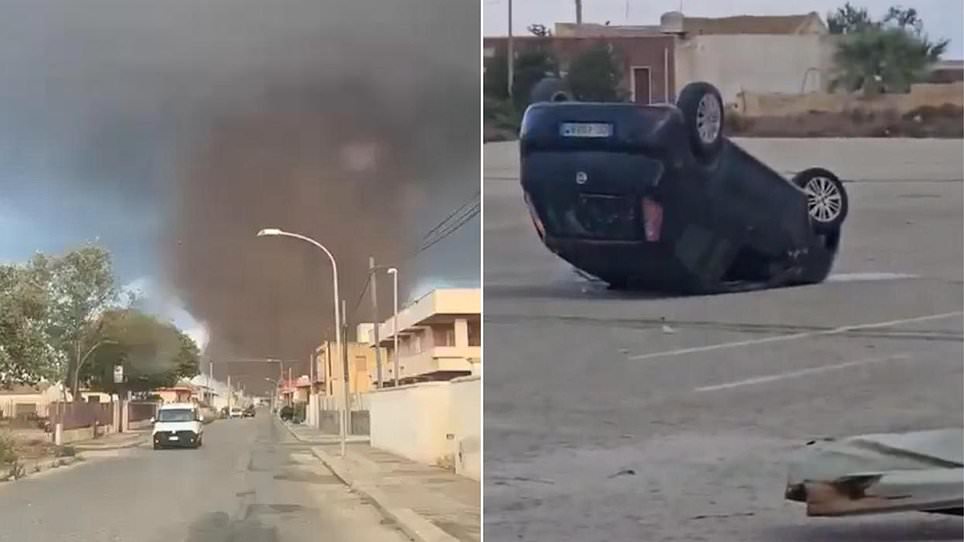 Moment tornado rips through Sicilian tourist hotspot flipping cars