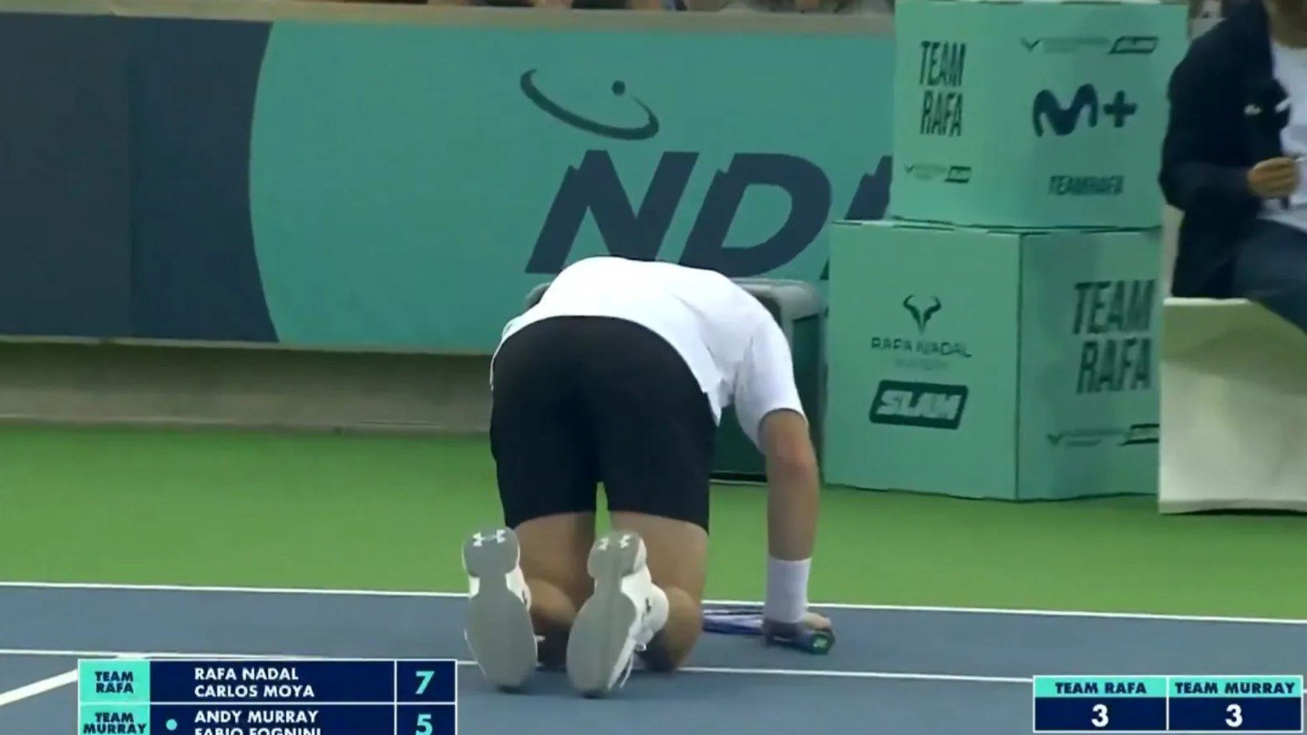 Andy Murray falls to his knees in agony after painful shot as Brit LOSES unique one-off game with old rival Rafa Nadal