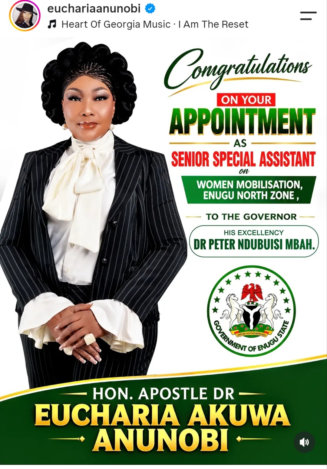 Actress Eucharia Anunobi Announces Appointment As Senior Special Assistant To Enugu Governor