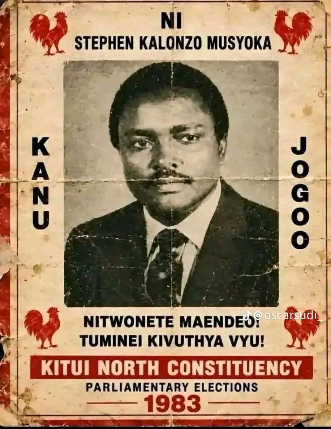 Kalonzo 1983 campaign poster and amount of votes he got