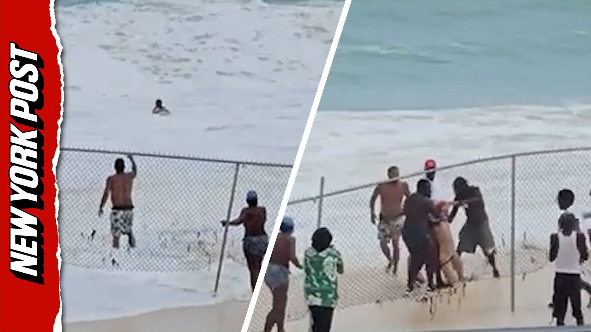 Onlookers spring into action to save fenced in tourist trapped by dangerous waves