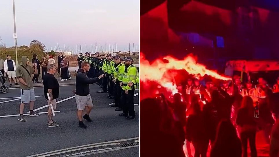 Protesters scuffle with police after migrants land on south coast