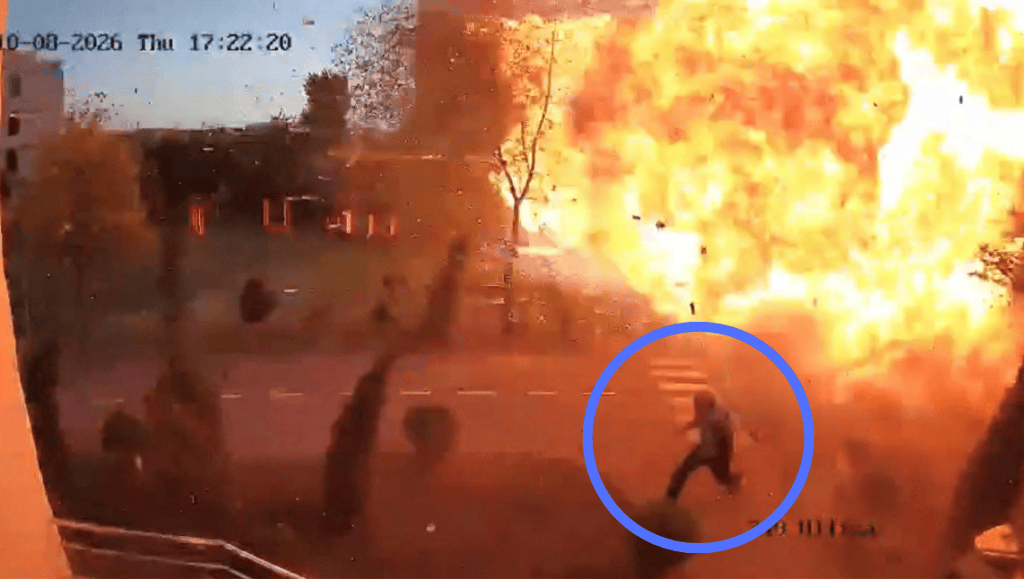 Shocking moment man miraculously escapes Russian suicide drone with just SECONDS spare before school playground is hit