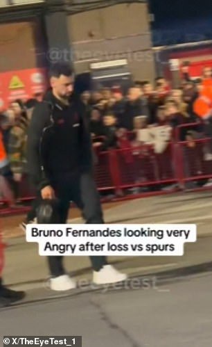 Bruno Fernandes cuts frustrated figure as he makes hasty Old Trafford exit after Man United throw away win against 10-man Spurs