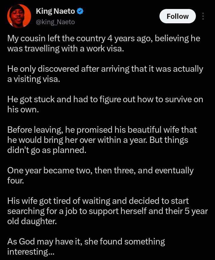 “She refused” — Man considers divorcing wife after discovering her salon boss handled his visa four years ago