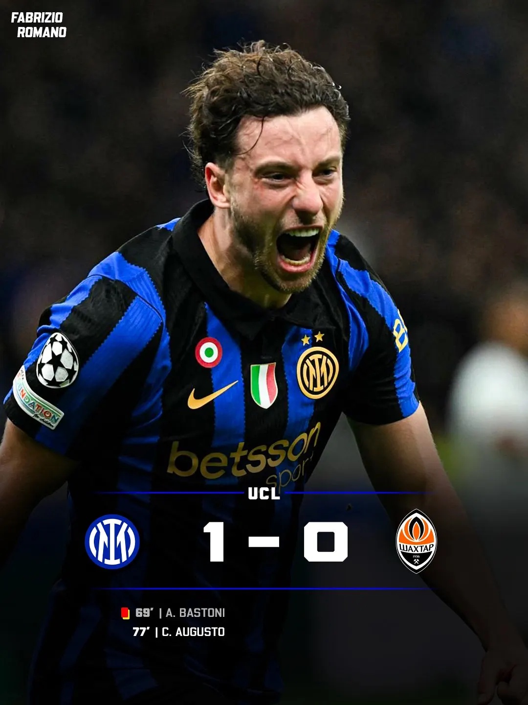 Inter Milan Beat Shakhtar Donetsk Despite Bastoni Red Card in Champions League Thriller