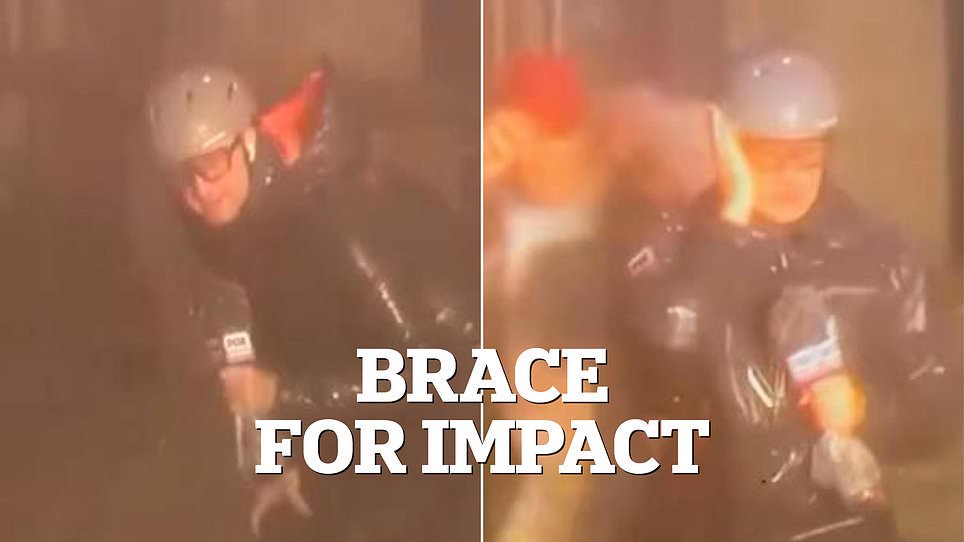 Weatherman ‘dramatically bracing’ in hurricane as man calmly walks by