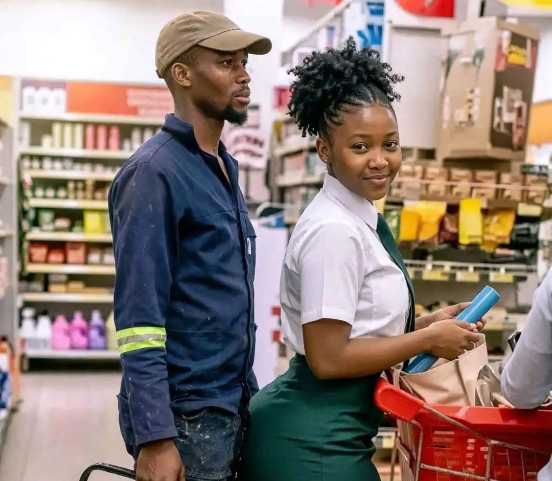 Man stands too close behind a young woman in a supermarket queue