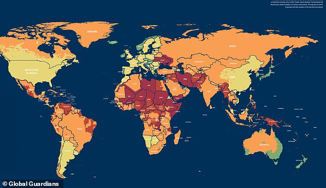 Global risk map reveals countries deemed ‘extremely’ dangerous including Iran, Yemen and Sudan with Switzerland and Norway among the safest