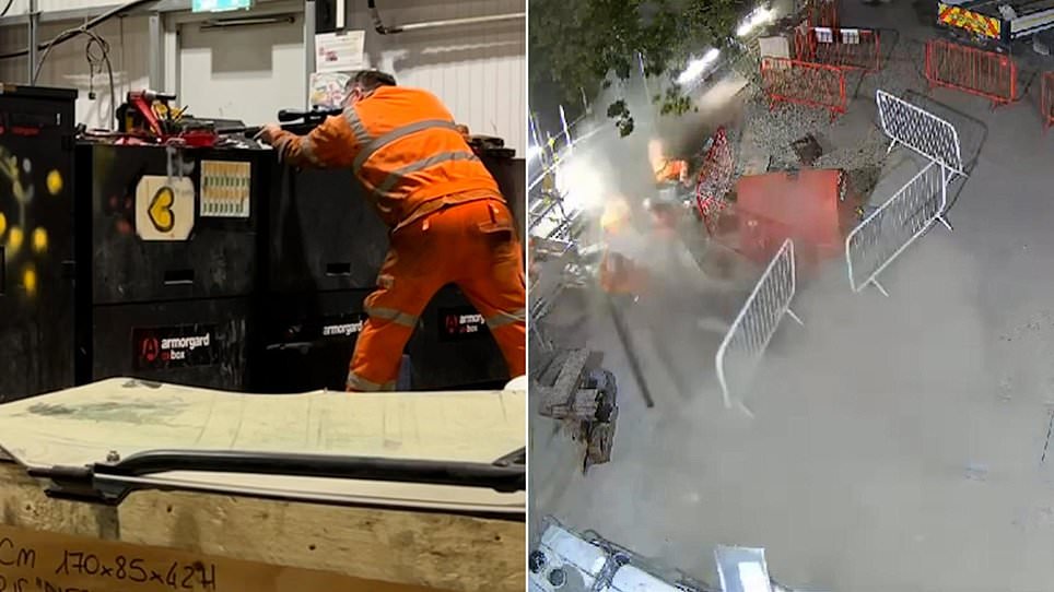 Moment HS2 night-shift workers fire powerful air rifle inside workshop