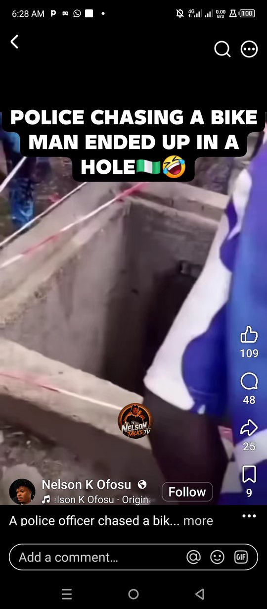 Now Trending: Police Officer Who Fell Inside Concrete Drainage While Chasing Okada Rider The story is now trending of a Nigerian police