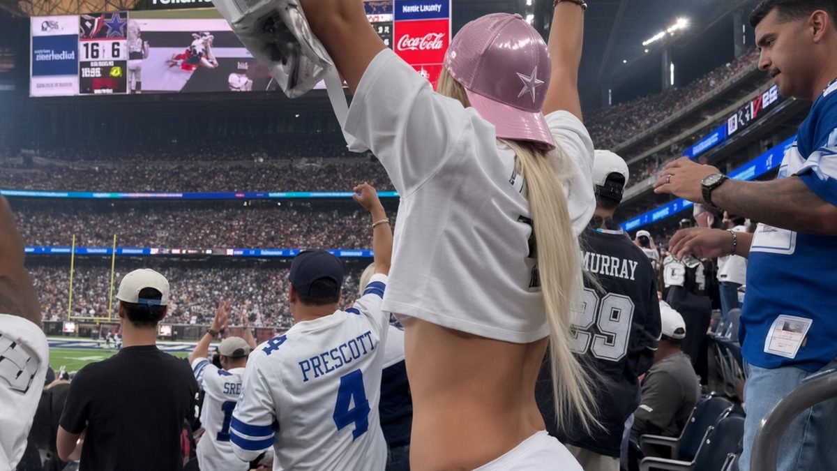Female Dallas Cowboys Fan Steals The Show With Her Crop Top & Tiny White Skirt In The Stands [VIDEO]