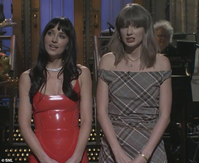 Taylor Swift makes surprise SNL appearance as she crashes Dakota Johnson’s monologue and jokes about being her ‘breakup therapist’… before Travis Kelce shoutout