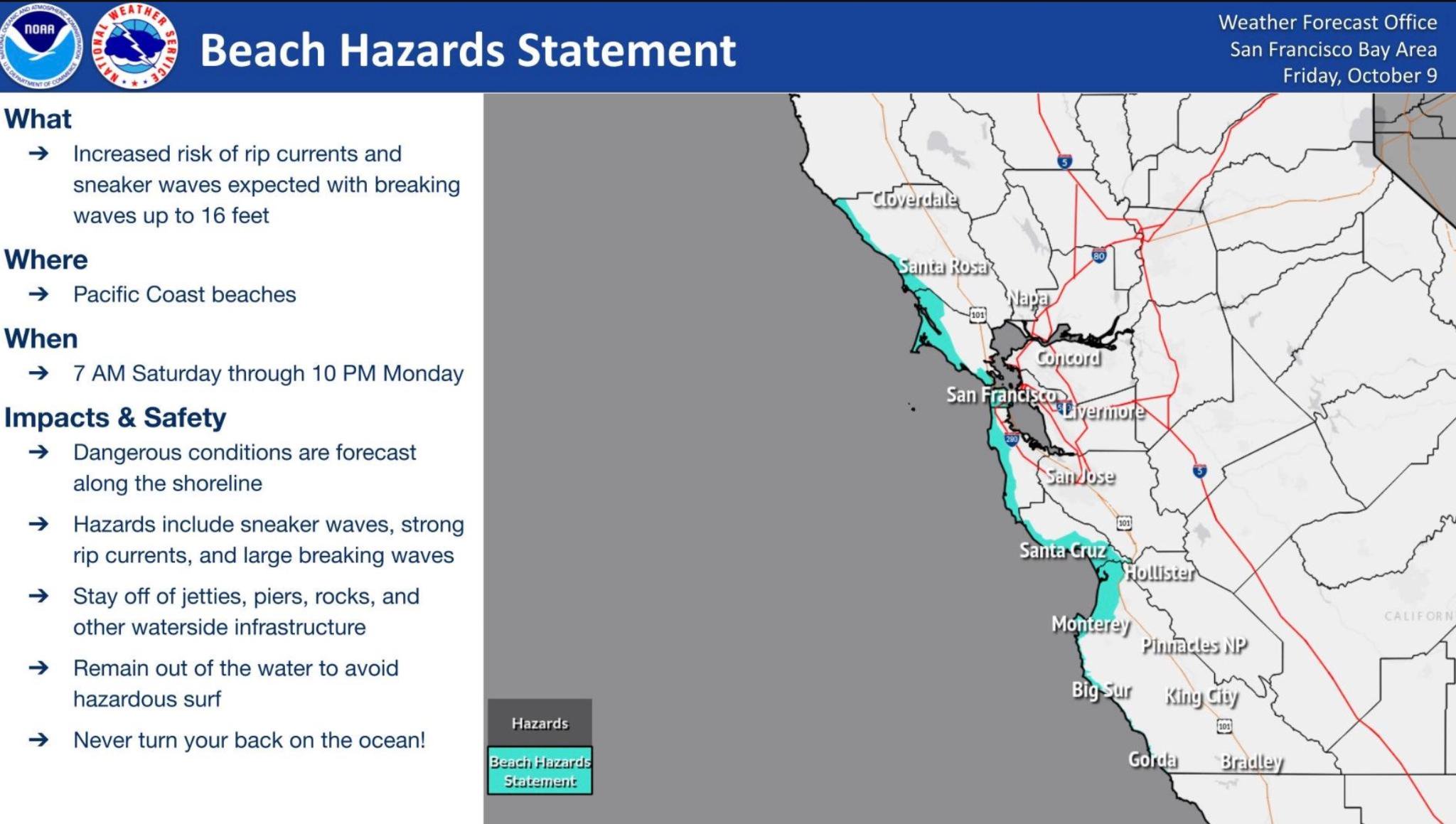 Pacific coastline, Bay Area will have dangerous water and beach conditions, NWS warns