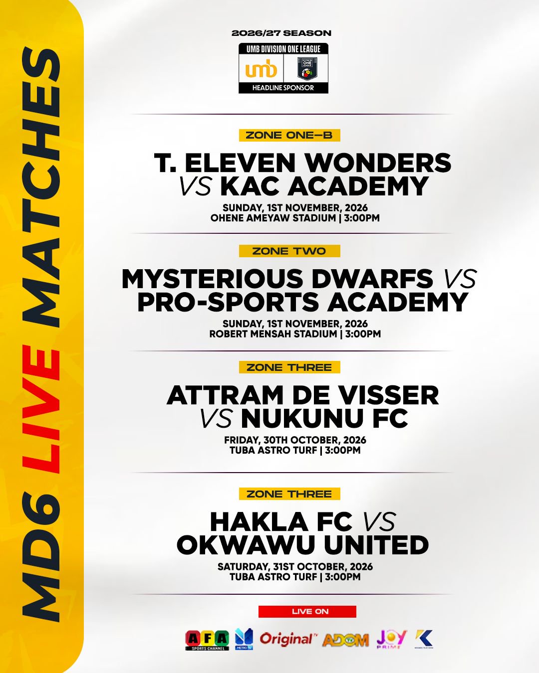 UMB Division One League Matchday 6 live matches announced